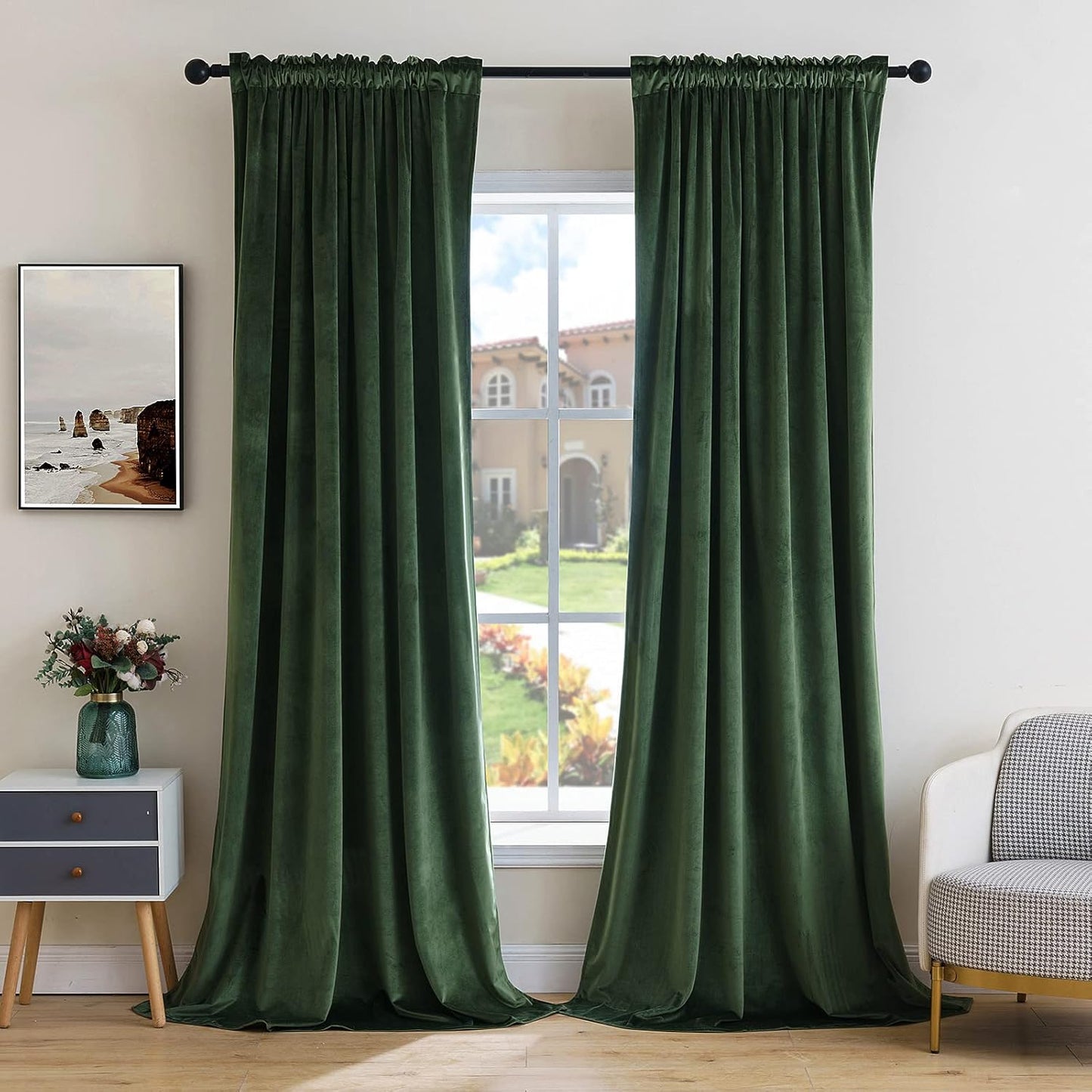 MIULEE Olive Green Velvet Curtains Thermal Insulated Blackout Curtain Drapes for Bedroom Living Room Darkening 72 Inches Long Curtains Panels Rod Pocket Set of 2