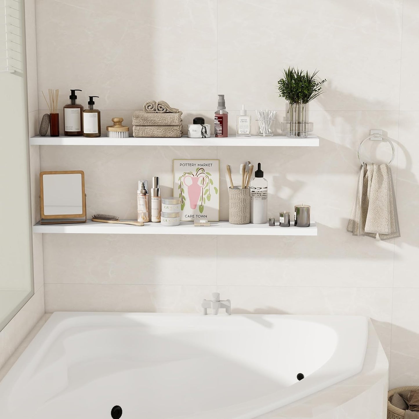 White Floating Shelves for Wall, 48 Inch Floating Shelves for Home Decor, Wall Mounted Rustic Wood Shelves, Bathroom, Hanging Deep Shelf for Bedroom, Living Room, Kitchen, 2 Packs