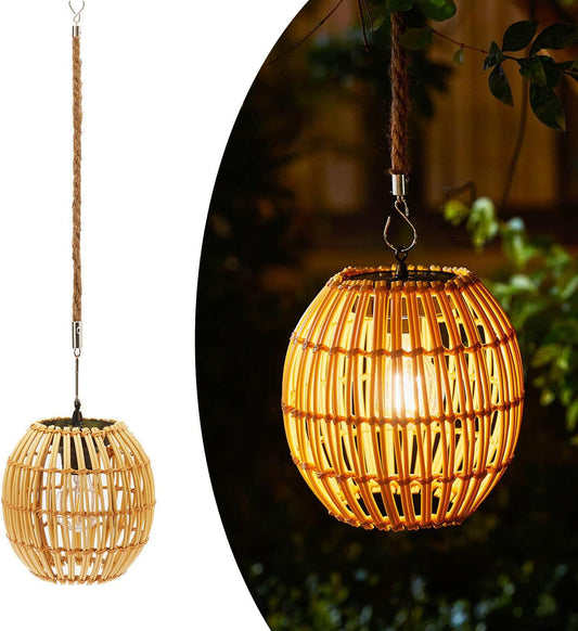 Livinlarge Hanging Solar Lantern Outdoor Waterproof, Large Solar Rattan Lantern Outdoor with Twine Handle, Bright Outdoors Hanging Lights with Edison Bulb for Garden Patio Yard Decoration