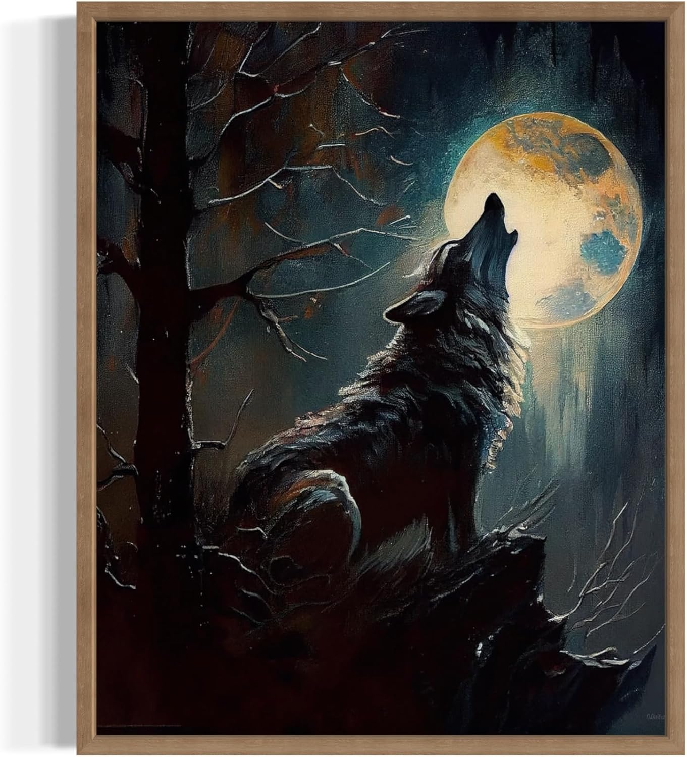 Wolf howling Poster Art Print, Halloween Scary Vintage Wall Art Academia Spooky Painting Decoration for Horror Prints, Gothic Posters Bedroom Decor 89 (Wolf howling, 8 x 10 inches, Wood Frame)