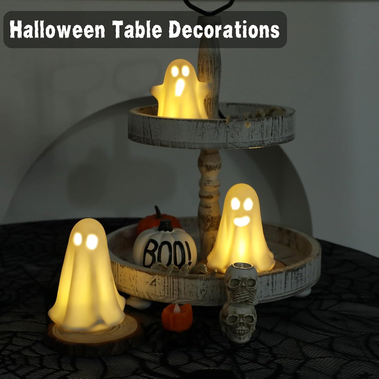 3 Pack Halloween Ceramic Ghost Decor, Light Up Ghost Halloween Decor, Cute Ghost Figurines for Table Tray Fireplace Home Indoor Decoration