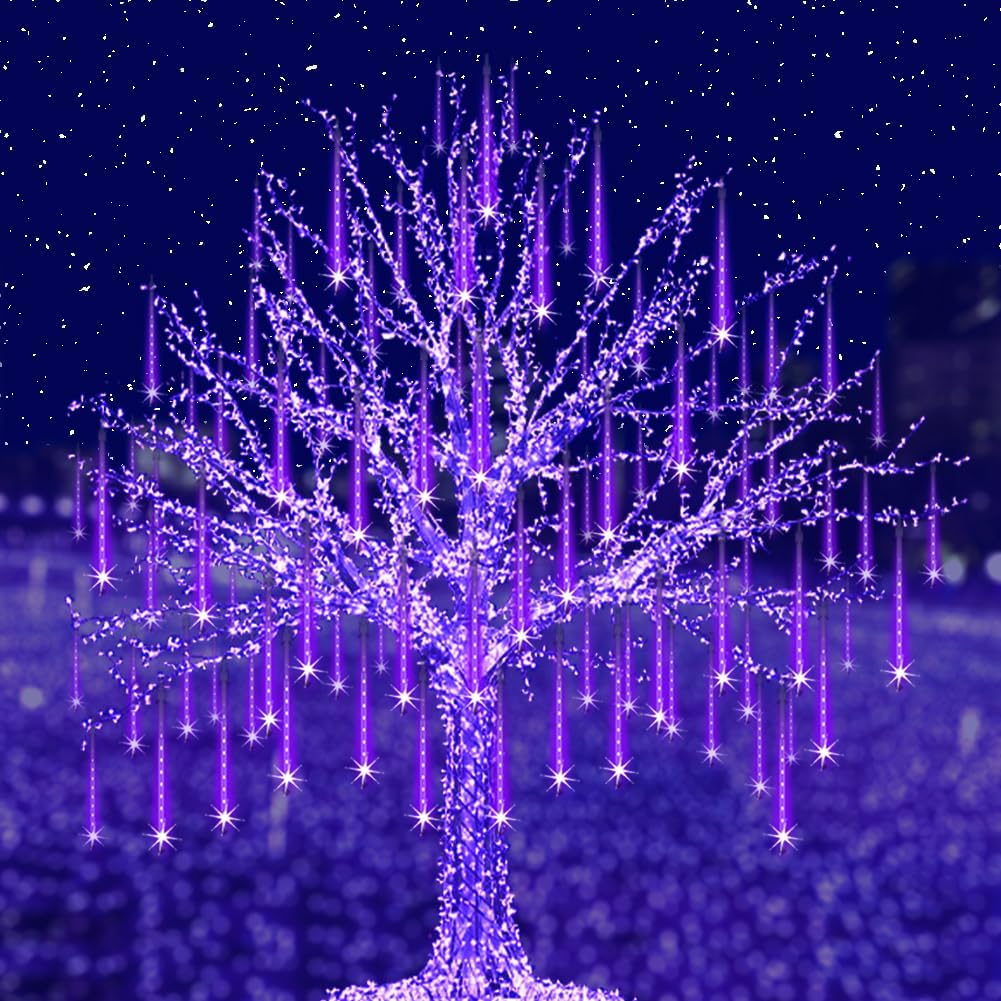 Purple Christmas Lights Outdoor Meteor Shower Lights 8 Tubes 192 LED Falling Rain Dripping Icicle Light for Xmas Christmas Decor Halloween Decorations, Halloween Light Outdoor, UL Plug