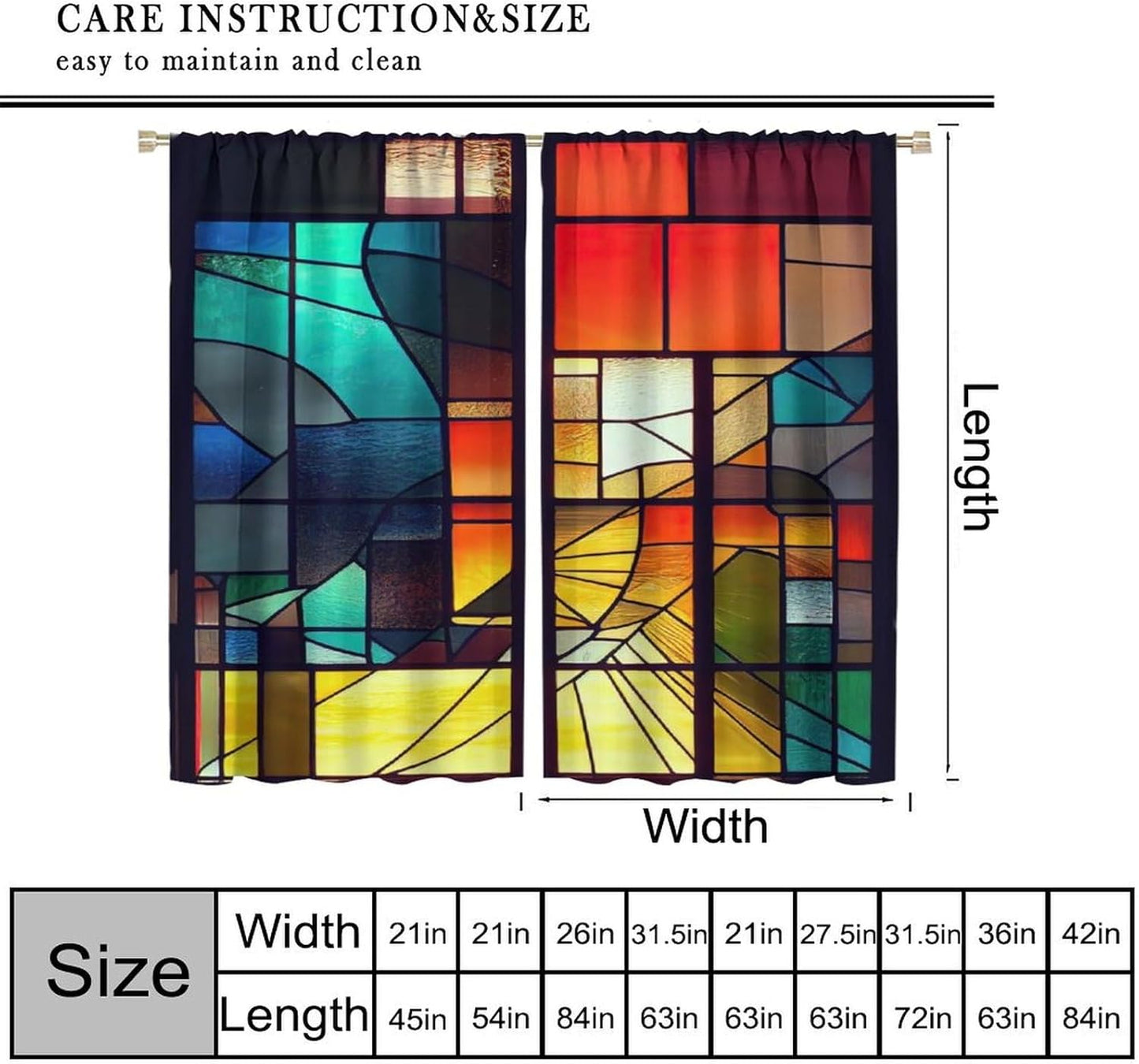 Stained Glass Curtains,Retro Abstract Colorful Geometry Textures Art Home Decor Drapes for Bedroom Living Room Kitchen Window Treatment 2 Panels Set Total Size 63" W X 63" L Inch