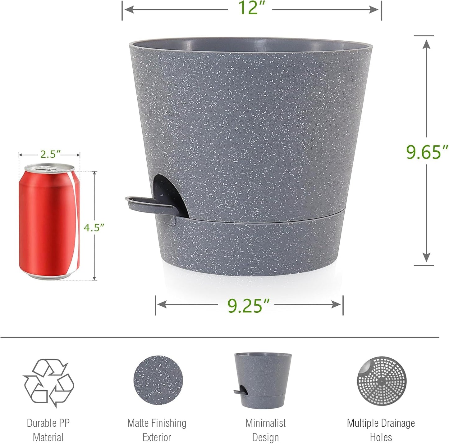 Self Watering Pots for Indoor Plants,12 inch Planters with Drainage Holes Plastic Flower Pots with Deep Reservoir, Grey Speckles