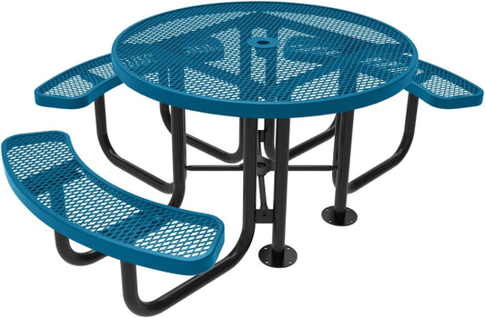Heavy-Duty Portable Outdoor Picnic Table with Umbrella Hole, Expanded Metal Patio Dining Furniture Made in America (46" Round Top, Light Blue)