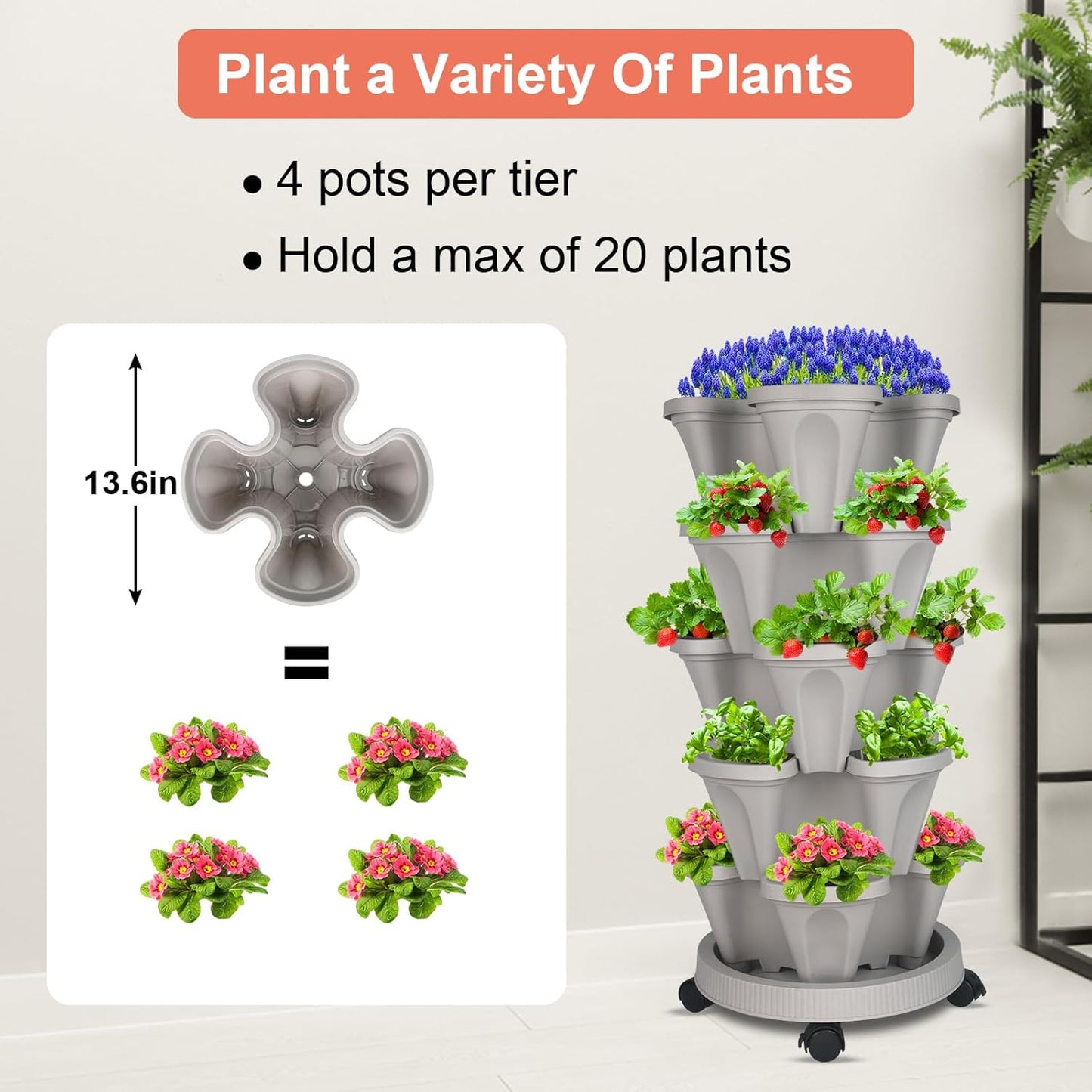 DUNCHATY Stackable Planter, Vertical Garden Planter with Wheels and Garden Tools, Strawberry Planter Indoor/Outdoor 5 Tier Herb Planter Pots for Growing Vegetables and Succulents,Gray