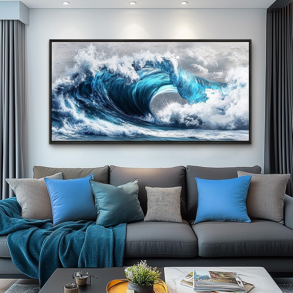 PHAOHUAXM Large Canvas Blue Wave Paintings Wall Art For Living Room Wall Decoration For Bedroom Ocean Wall Pictures Printing Office Decorations Posters Modern Home Decor Black Framed 30x60 In