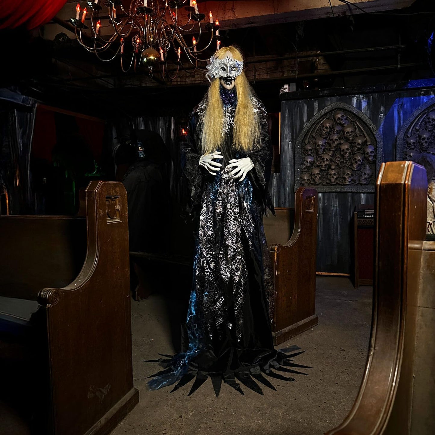 Haunted Hill Farm 5.5-Ft Animatronic Animated Standing Masquerade Lady, Halloween Animatronic, Spooky Venetian Masquerade Prop, Creepy House Party Decoration, Touch-Activated Lights & Sound, Life-Size