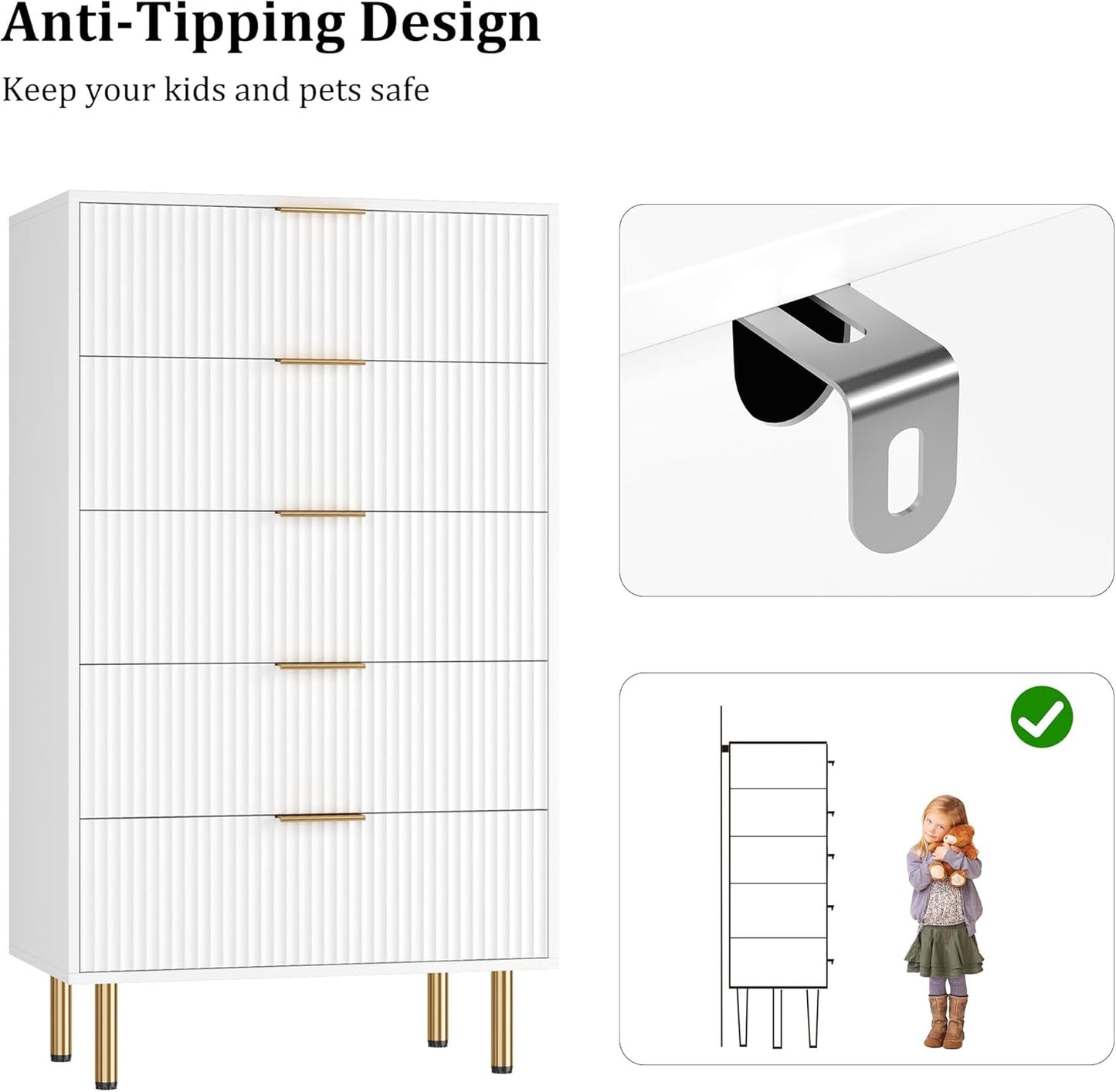 Fluted Wood Dresser 5 Drawers Dresser for Bedroom, Modern White Tall Dressers with Gold Handle, Wood Drawer Organizer for Bedroom, Living Room, Hallway, Entryway