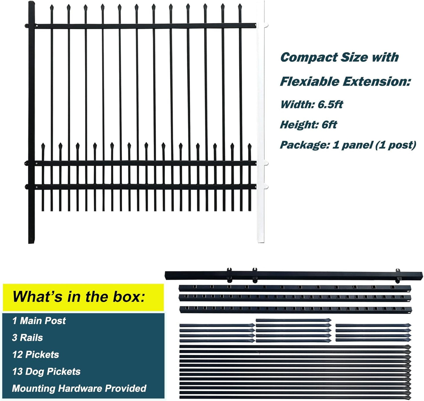 Metal Fence Panels with Dog Pickets, 6ft H x 6.5ft W Galvanized Steel Fence DIY Installation for Outdoor Garden Fence incl. 1 Fence Post, Wrought Iron Style Steel Fence, Black (Upgraded)