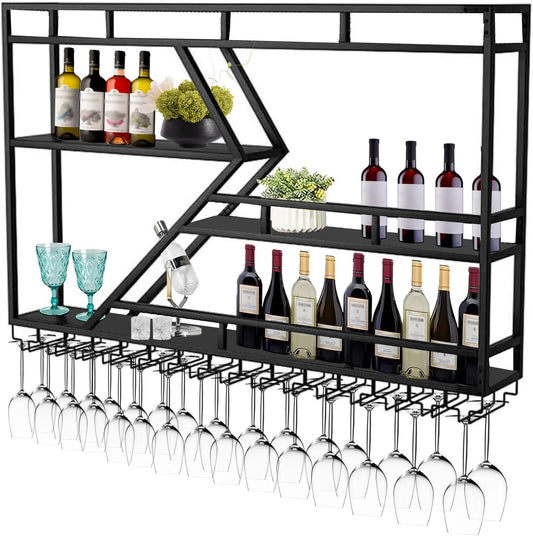 Wall Mounted Wine Rack with Glass Holder, 3-Tier Metal Storage Shelf, Black Diamond Design, Wine Bottle Display with Stemware Storage (Black, 39.37in/Right)