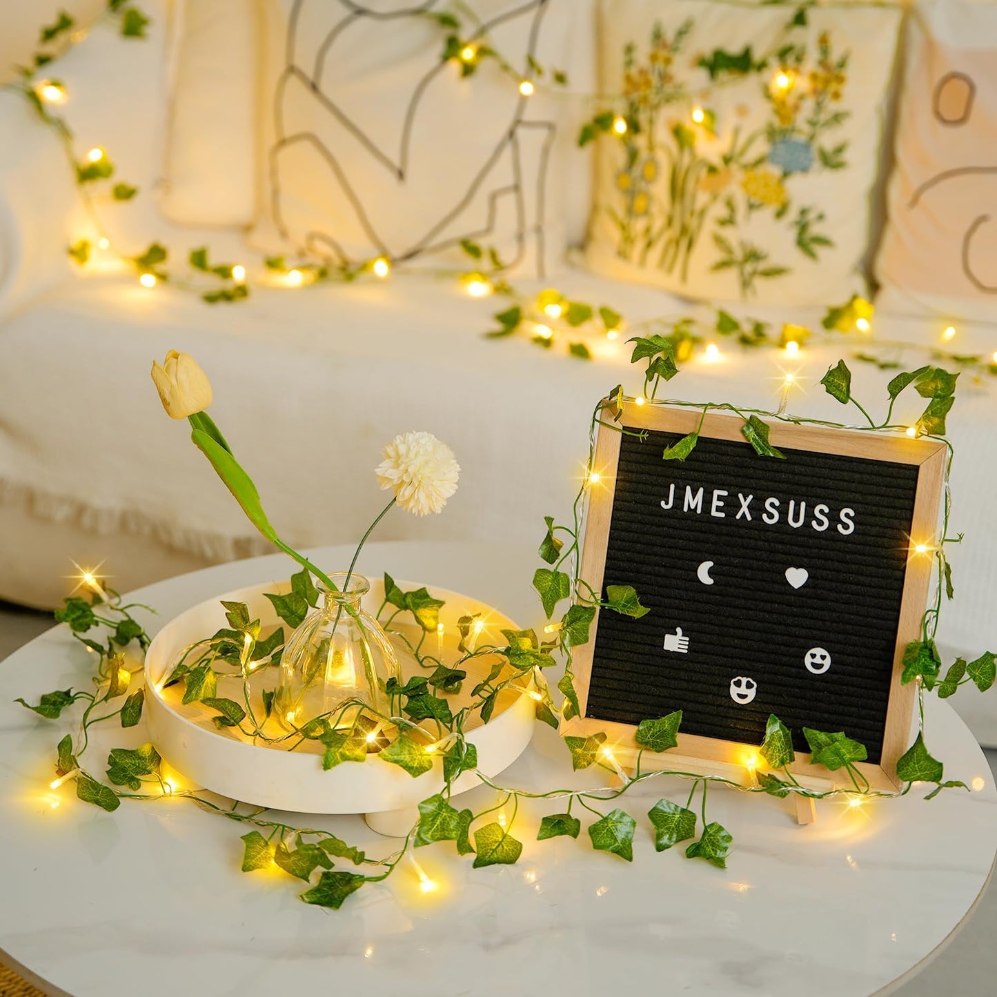 JMEXSUSS 100 LED Vines with Lights Plug in, Ivy Vines with Fairy Lights with Remote, 33 FT Leaf String Lights Waterproof for Room Bedroom Wall Fireplace Decoration（Warm White）