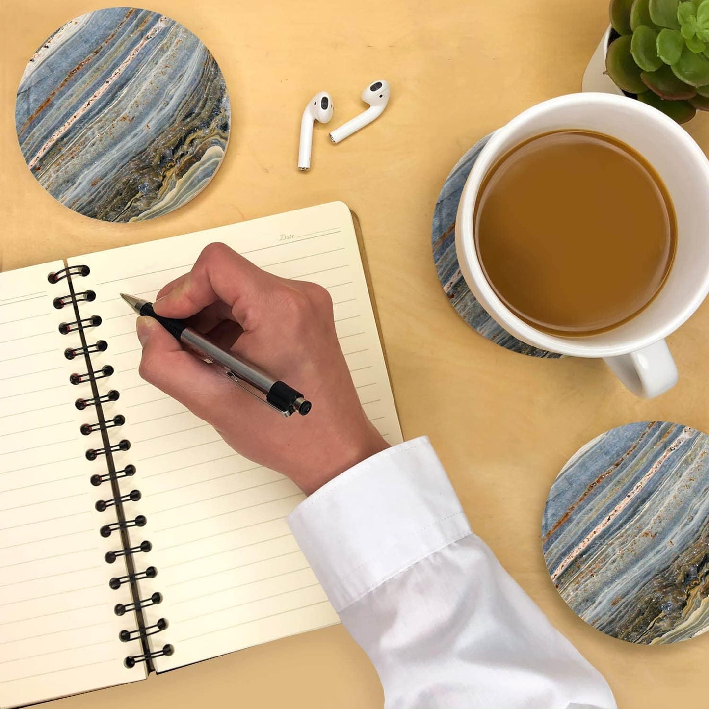 Emerson Coasters for Drinks Absorbent – Natural Stone Drink Coasters Set with Holder, Coasters for Coffee Table, Wooden Tabletop Protection Marble Style – 100% Heavy Duty Set of 6 (Moon)