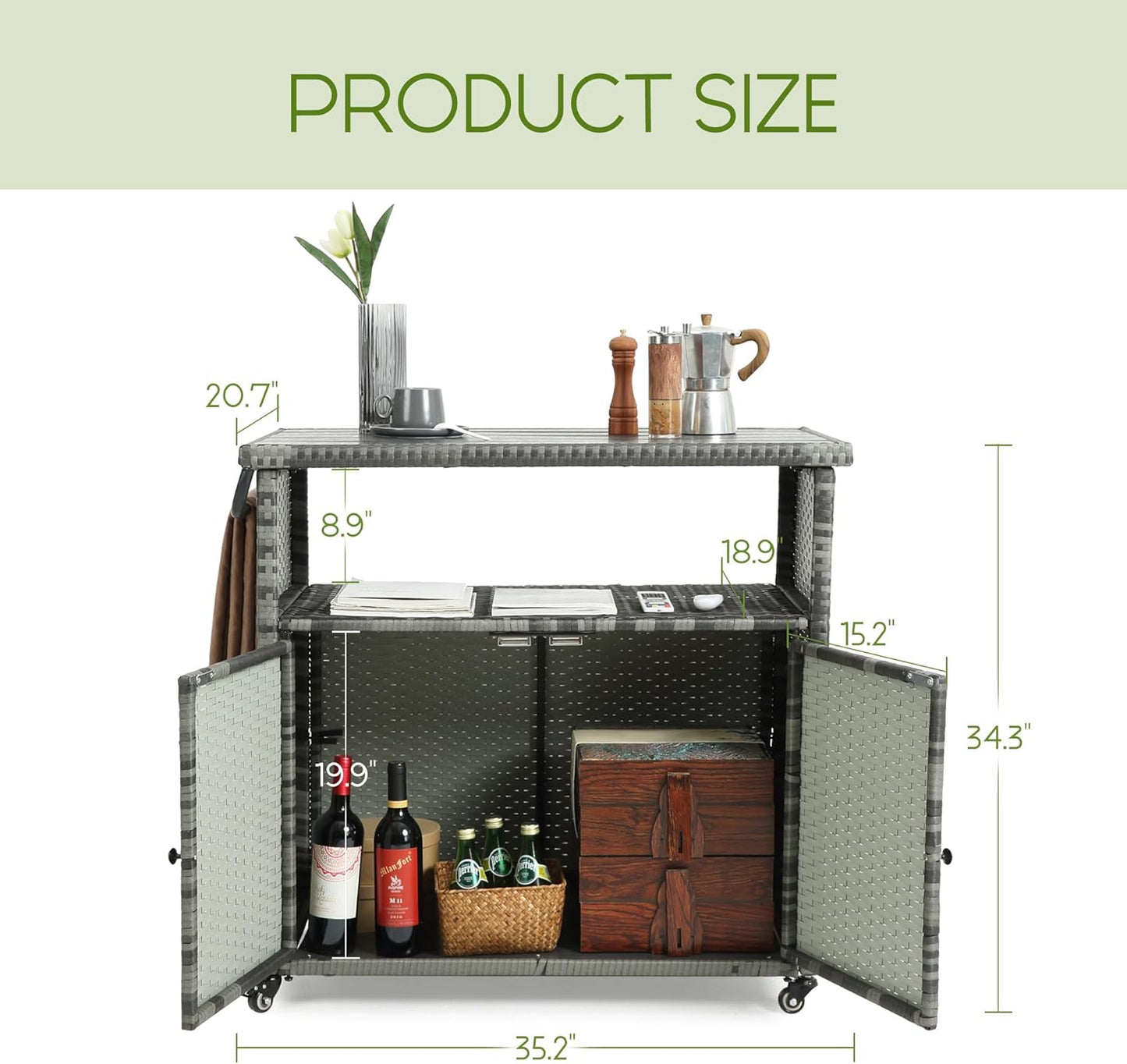 Wicker Outdoor Bar Cart - Gray Gradient Patio Console Storage Table Buffet Cabinet Serving Kitchen Cart with Wheels for Outside Backyard