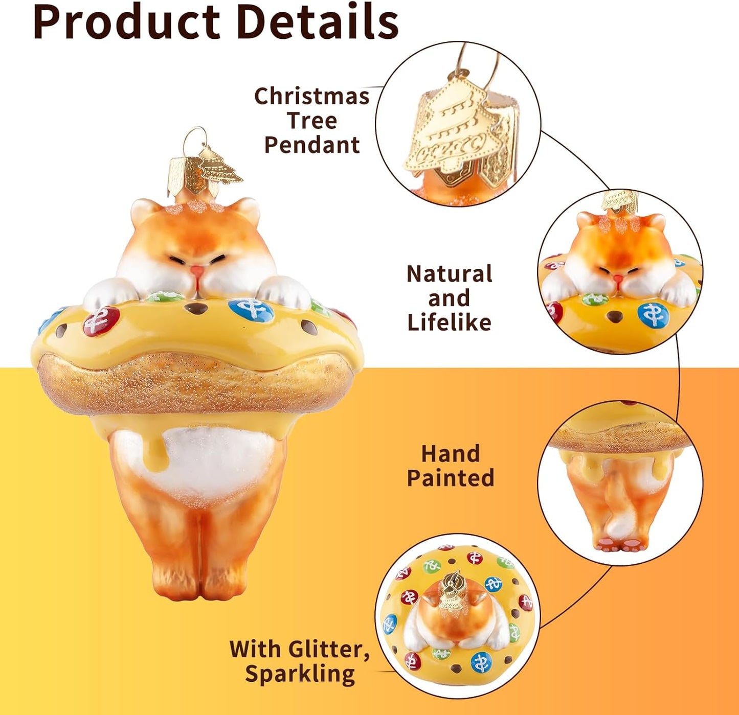 Cat Christmas Tree Ornaments,Hand-Blown Glass Ornaments,Cat Collection Hanging Ornaments,Donut Pendant Ornament,Glass Christmas Decorations for Animal Lovers Holiday Party Home Gifts