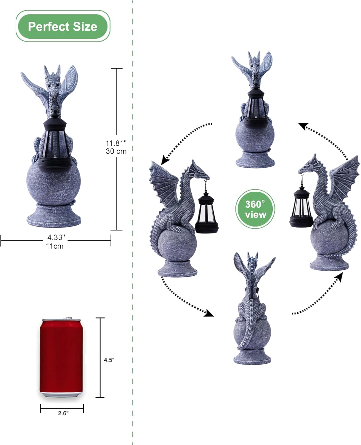 Qeeman Dragon on Ball with Solar Lantern Statues: Garden Decor Outdoor Decorations Art Figurine for Patio Balcony Yard Lawn