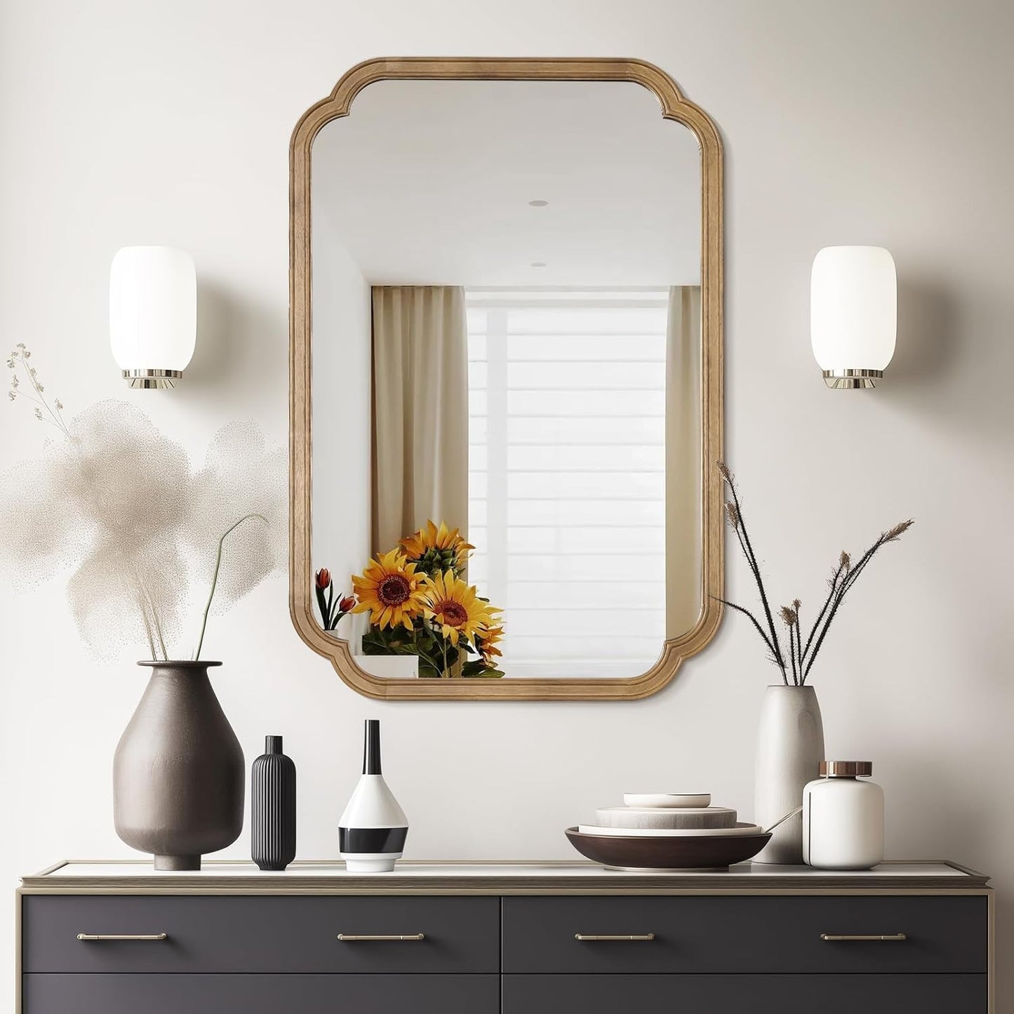 WallBeyond 24" x 36" Rounded Corner Arch Wall Mirror with Wood Frame for Entryway, Living Room or Bedroom Home Decor - Light Woodgrain, Honey-Colored