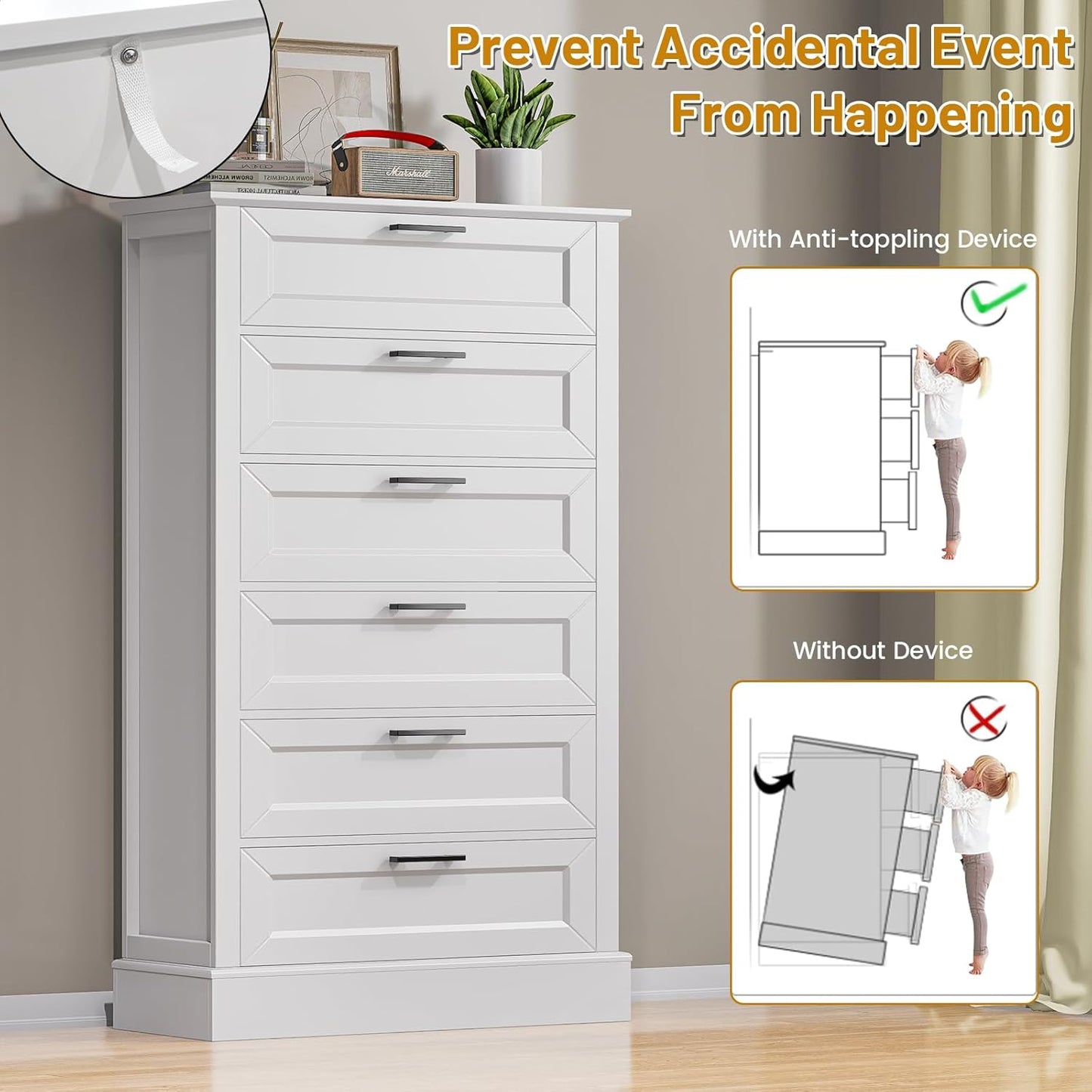 White 6 Drawer Dresser, 55 Inch Tall White Dresser for Bedroom, Modern Farmhouse Style Chest of Drawers for Bedroom Living Room, Wood Rustic Tall Clothing Organizer for Closet, Living Room, Hallway