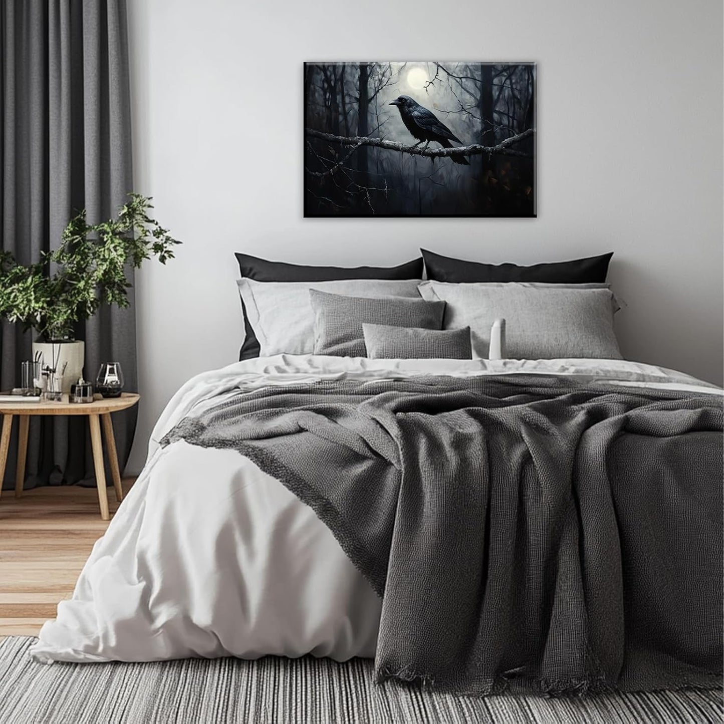 OAAPITI Crow Canvas Wall Art Black Crow Stand On The Branch Picture Print Moonlit Night Poster Vintage Forest Landscape Painting Artwork Living Room Halloween Decor(Artwork-1,12"x18")