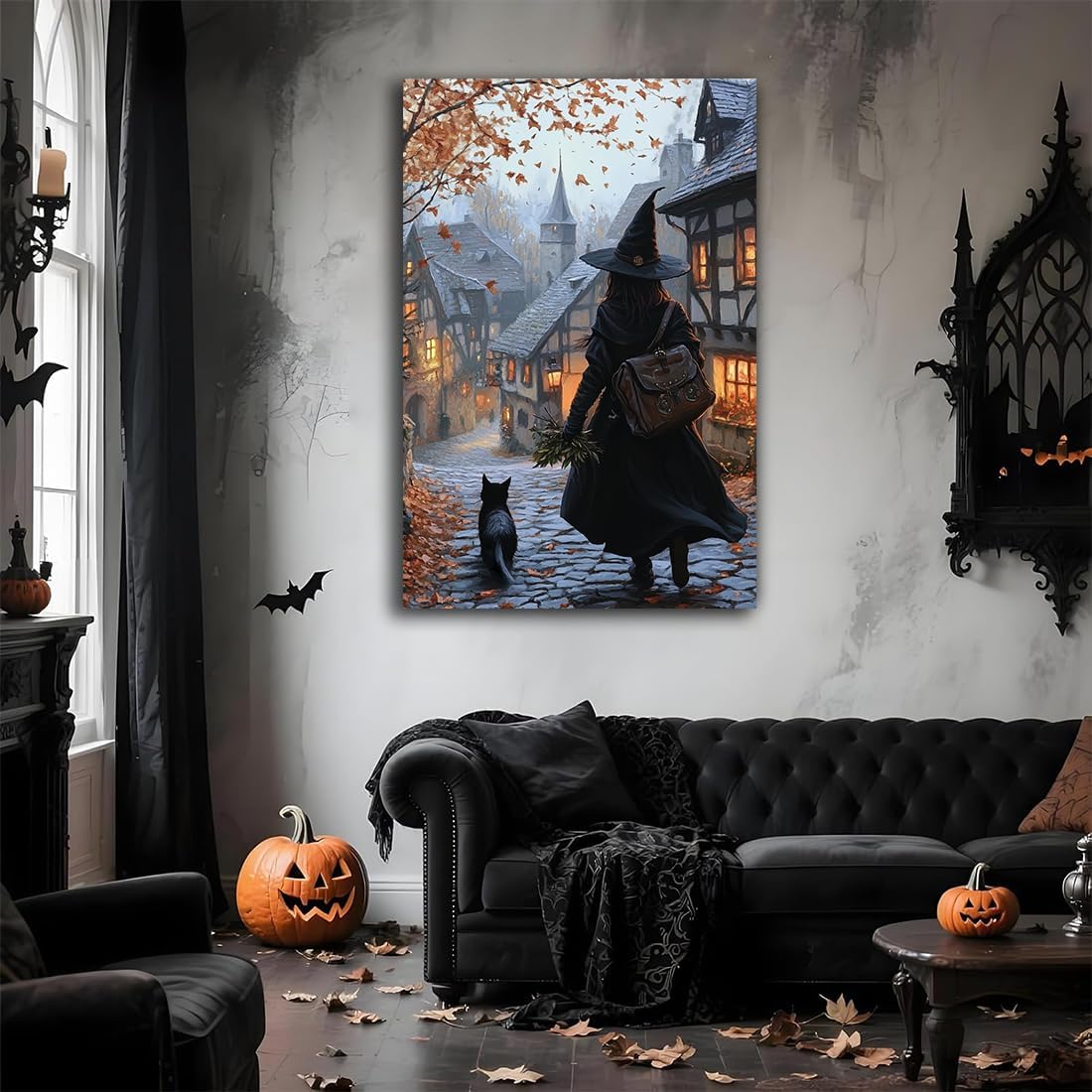 Autumn Witch And Black Cat Picture Wall Decor,Halloween Canvas Vintage Rustic Wall Art,Preppy Bedroom Living Room Bathroom Poster Print,16"x24" Framed
