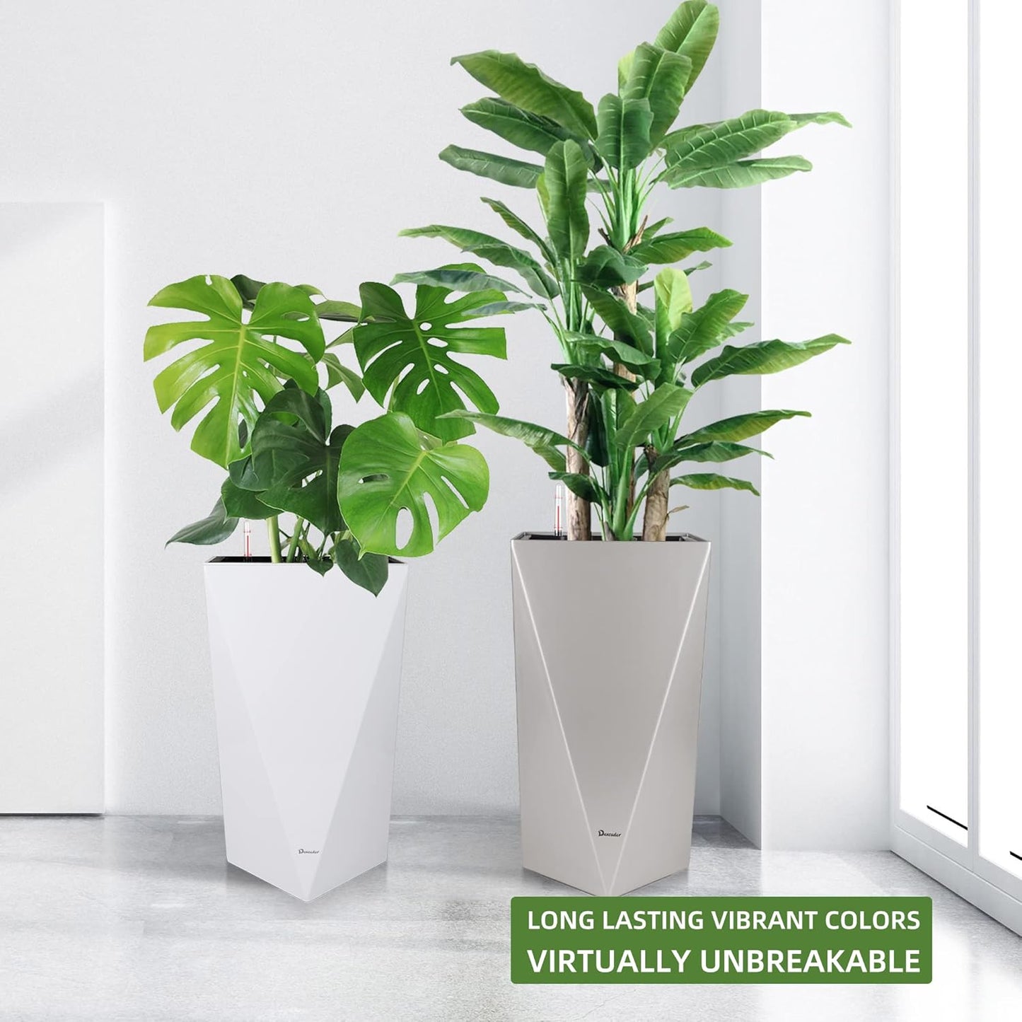 Dexceder 20 Inches Tall Self Watering Planter Diamond High Gloss Indoor Outdoor, Thickened Rhombus Large Floor Standing Flower Plant Pot with Water Level Indicator (White)