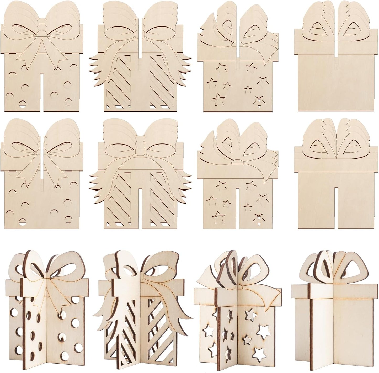 COCHIE DIY 3D Christmas Gift Box Wood Crafts to Paint for Kids Adults, Paintable Unfinished Wooden Slices for Craft, Xmas Gift Boxes Cutouts Ornaments for Painting Decorations (24 PCS)