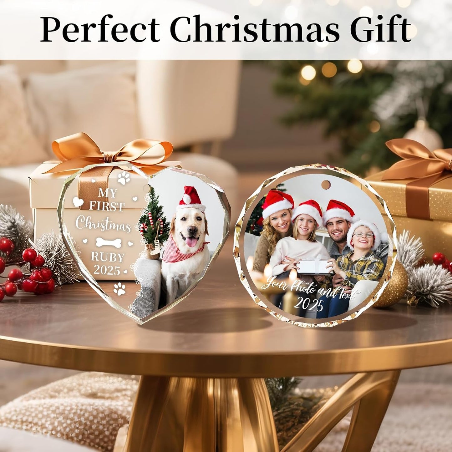 Personalized Christmas Ornaments 2025 with Photo & Text - Customized Crystal Glass Christmas Tree Decor Gifts for Family, Couples, Pets, Baby’s First Xmas – 6 Heart/Round Designs