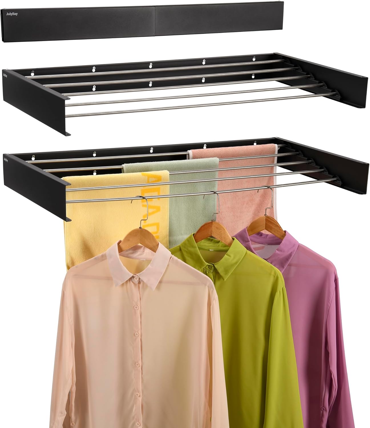 Wall Mounted Laundry Drying Rack, Retractable Clothes Drying Rack for Bathroom with Wall Template, 5 Stainless Rods Heaving 60 lb Capacity (Black, 40")