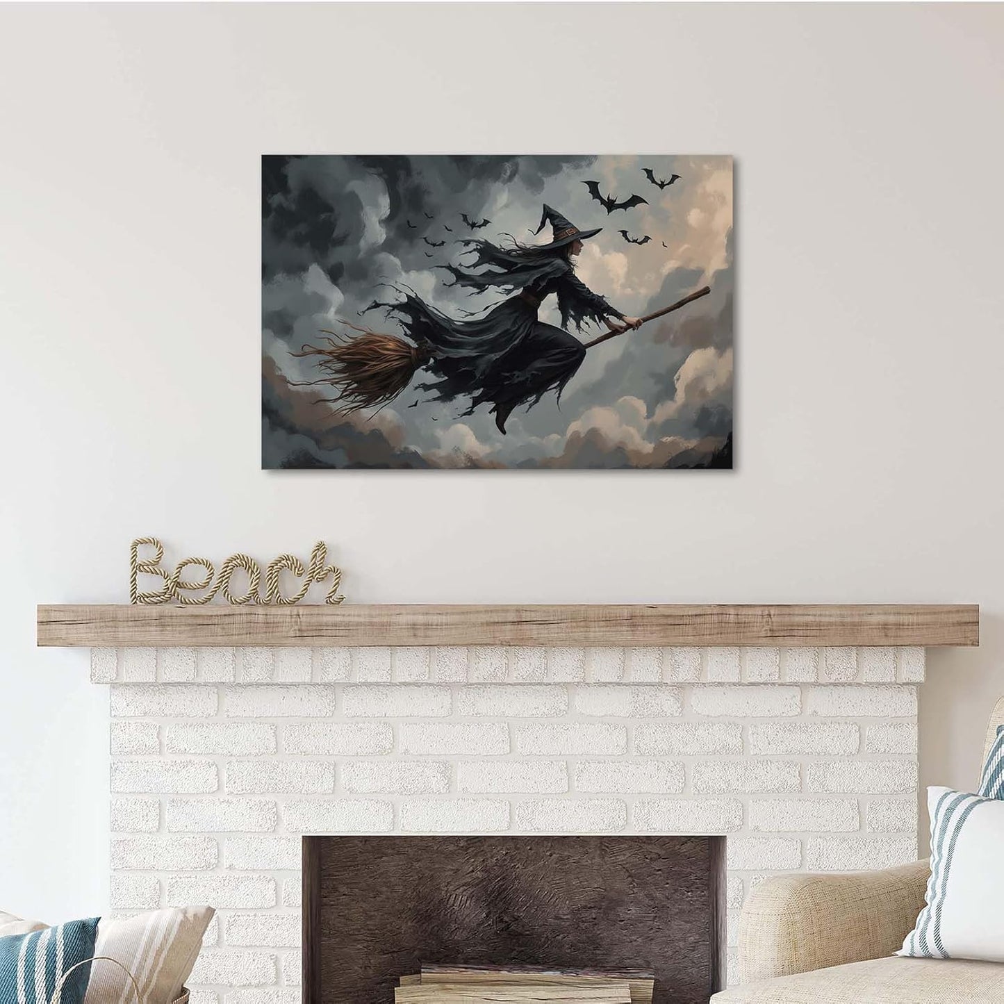 JFHCQJPK Witch and bat flying Halloween poster suitable for home party wall decoration retro Halloween preppy style wall art canvas print suitable for room decoration16x24in Frameless