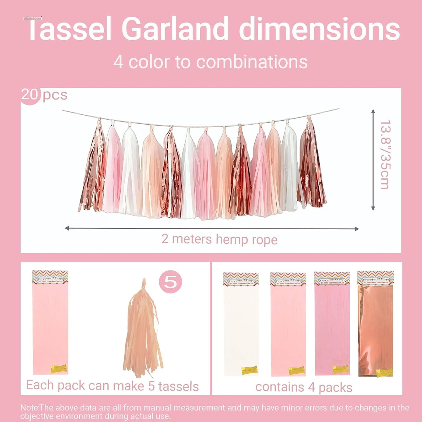 Rose Gold Peach White Pink Tassel Garland Banner, 20 Pack, Tassel Garland Party Decorations for Birthday, Boho Music Festival, Baby Shower,Bridal,Wedding