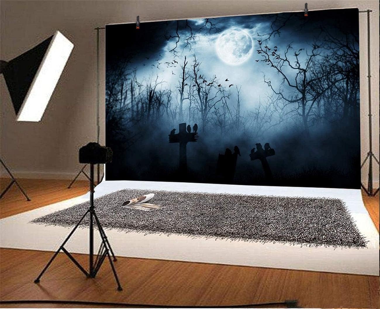 AOFOTO 12x8ft Moon Night Halloween Cemetery Photography Backdrop Flying Bats Birds Stand on Gravestone Cross Graveyard in Dark Forest Photo Background Cloth Vinyl Wallpaper Photo Studio Props