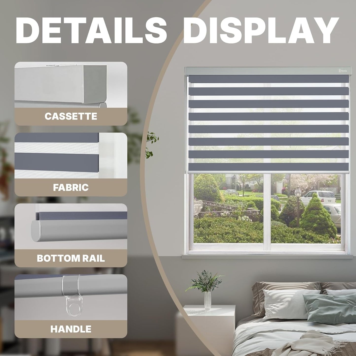 HESTIA Cordless Zebra Blinds Light Filtering Roller Shades UV Blocking Blackout Privacy Indoor Window Blind for Home Office Day and Night, Blue Grey,35" W x 60" H