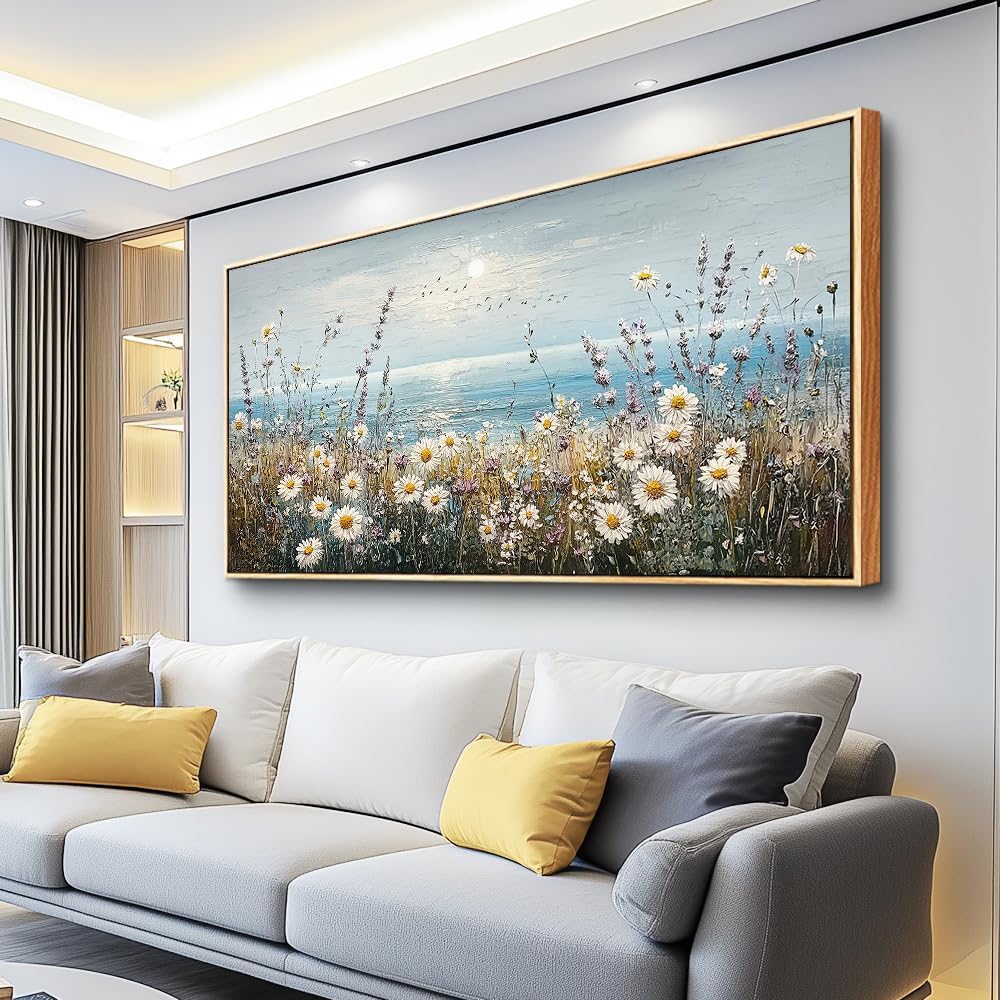 PHAOHUAXM Wall Decor For Living Room Wall Art For Bedroom Office Decorations Blue Ocean Paintings Flowers Watercolour Wall Pictures Canvas Artworks Home Decor Ready To Hang Wood Framed 20x40 In