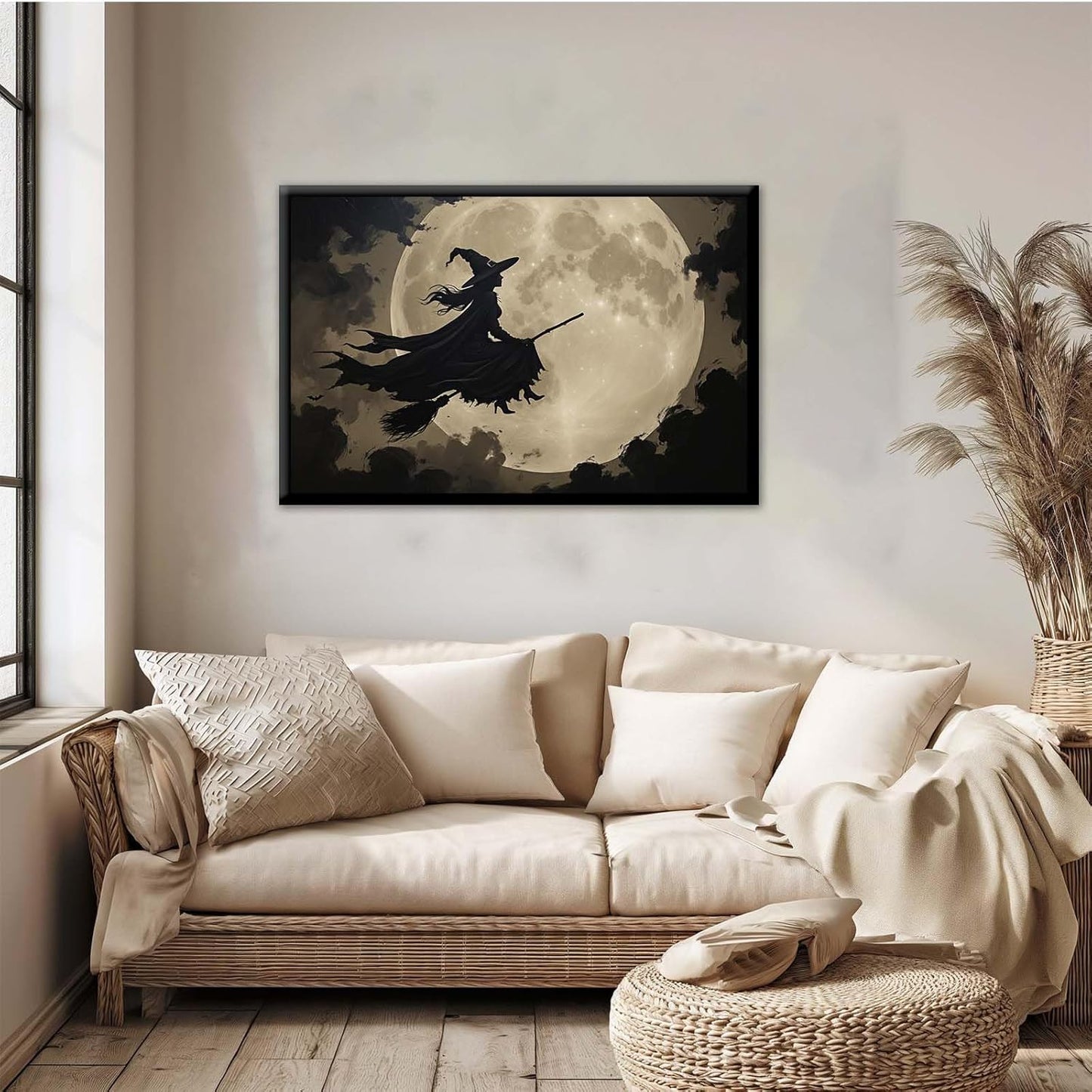 JFHCQJPK Full moon witch silhouette poster witch on magic broom Halloween mural poster decorative mural art suitable for home living room bedroom24x36in Metal blackFramed
