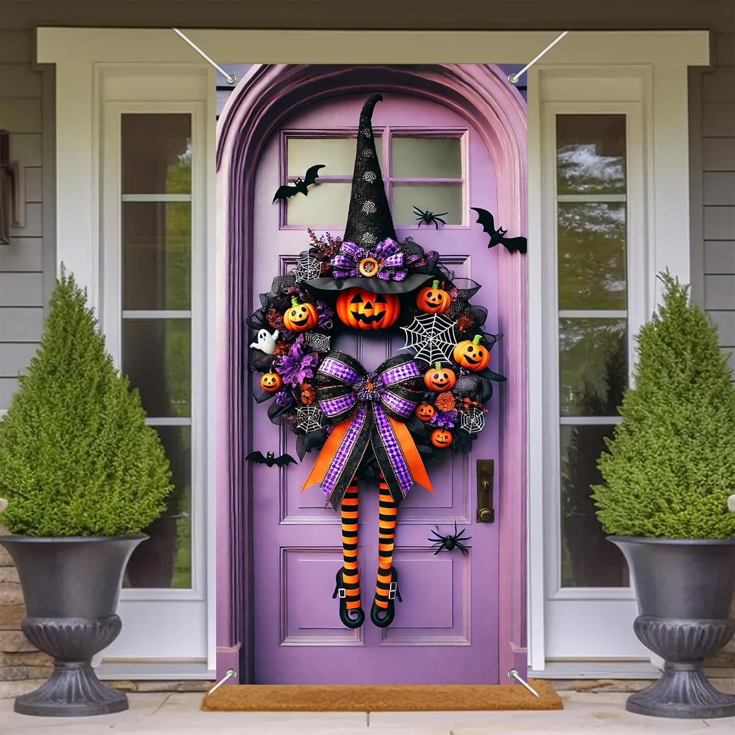 Halloween Witch Wreath Door Cover 71x35 Inch Holiday Front Porch Door Banners Decoration Purple Pumpkin Spider Web Bat Background Hanging Banner for Indoor Outdoor Spooky Party Decor