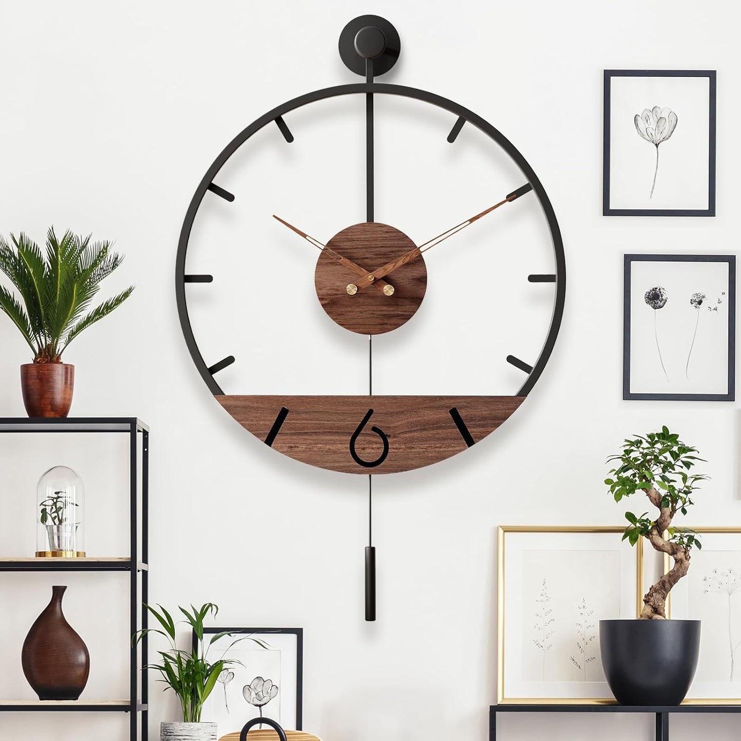 34.6×24 Inch Large Modern Decorative Pendulum Wall Clock,Big Metal Farmhouse Oversized Silent Wall Clocks Minimalist Elegant Walnut Dial Pointers for Living Room,Office,Dining Room Decor