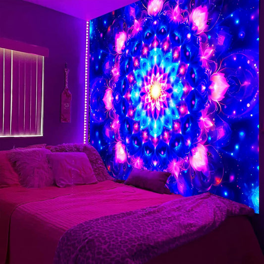 PSYHILAR Blacklight Mandala Tapestry for Bedroom, Psychedelic Black Light Posters for Adults and Teens, Colorful UV Reactive Aesthetic Bohemian Art Wall Hanging Decor (60 x 50 Inches)