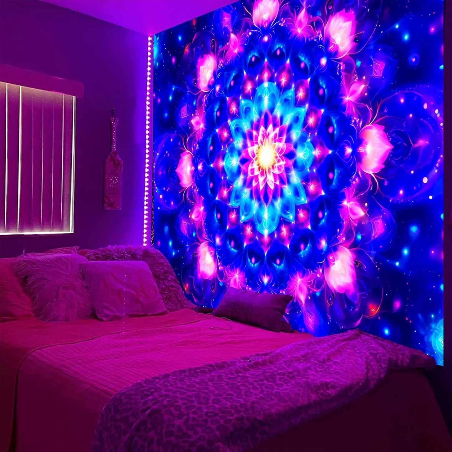 PSYHILAR Blacklight Mandala Tapestry for Bedroom, Psychedelic Black Light Posters for Adults and Teens, Colorful UV Reactive Aesthetic Bohemian Art Wall Hanging Decor (80 x 60 Inches)
