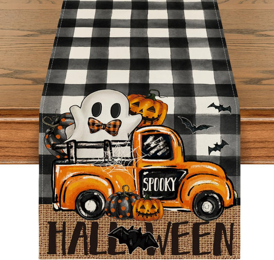 Artoid Mode Buffalo Plaid Bat Pumpkin Ghost Truck Spooky Halloween Table Runner, Sensonal Kitchen Dining Table Decoration for Home Party Decor 13x60 Inch
