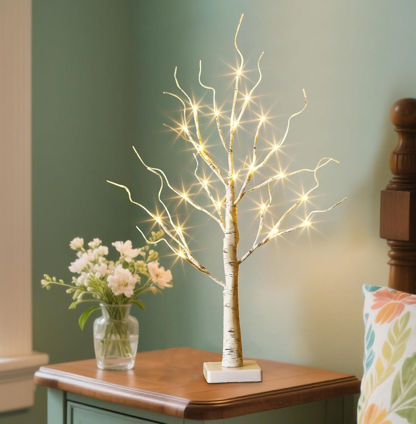 EAMBRITE Lighted Birch Tree Spring Decorations for Home, White Birch Tree with Lights, 24 LED Lighted Mini Money Tree Twig Tree Battery Operated with Timer, Christmas Indoor Centerpiece Decor (2FT)