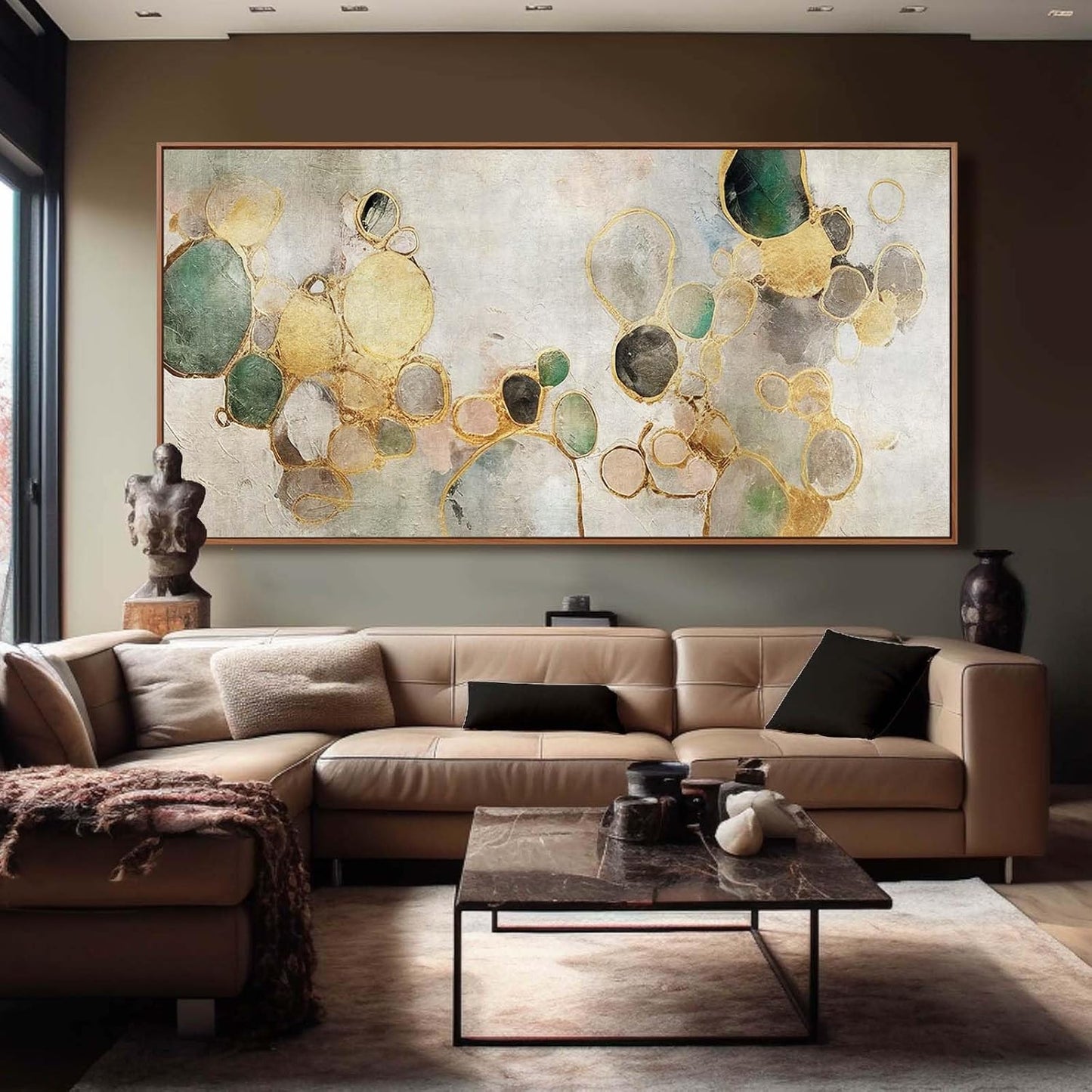 YJYart Circle Canvas Wall Decor Green and Gold Wall Art Posters Abstract Wall Decorations 36"x70" Home Decor for Bedroom Living Room