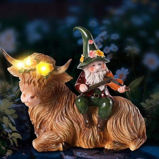 Solar Highland Cow Figurines for Garden with Gnome Playing The Violin 6.7" Resin Garden Gnomes Outdoor Patio Yard Lawn Porch Decor Birthday Housewarming Gifts for Women Mom Grandma Wife Sister Friend