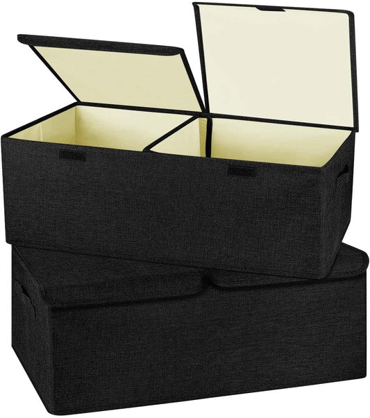 2 Pack Large Linen Fabric Collapsible Storage Bins with Lid and Handles, Washable Storage Box Baskets Cube with Removable Divider for Bedroom,Closet,Office,Living Room,Nursery (Black, Small)