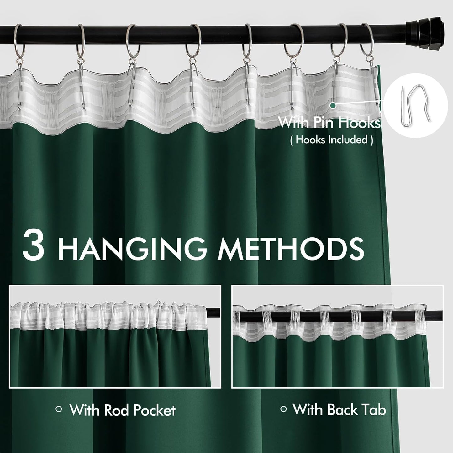 MIULEE Hunter Green Back Tab Blackout Curtains 90 Inches Long 2 Panels Set for Living Room Bedroom, Rod Pocket/Pinch Pleat Thermal Insulated Room Darkening Pleated Light Blocking Drapes