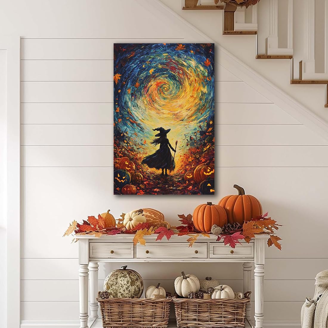 Halloween Autumn Witchy Decor Wall Art Prints,Gothic Witch in Whirlwind Autumn with Pumpkins Scene Pictures Poster,Fall Festival Home Decor Painting Canvas Poster for Bedroom Bathroom,8"x12" Framed