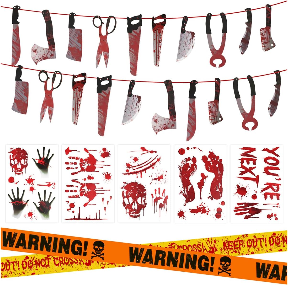 Halloween Decorations, 5 Sheets Wall Decals-Bloody Handprint Stickers, 2 Pack Halloween Banners and 2 PCS Caution Tape Rolls 3inx30ft for Indoor, Outdoor, Party Decor, Haunted Mansion