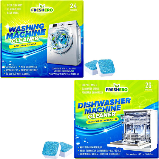 Washing Machine & Dishwasher Cleaner Tablets, 50 Count, Unscented, Compatible with Front/Top Loader & HE Washers, Removes Residue, Stains, Grime & Limescale, 12-Month Supply