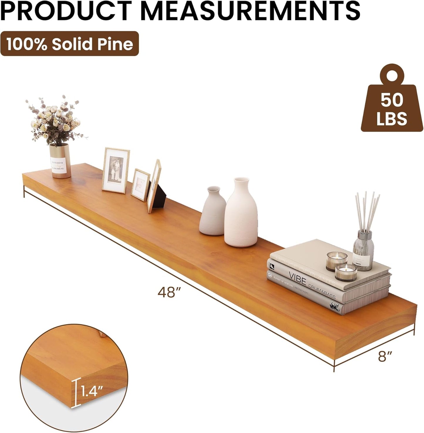 Light Brown Wooden Floating Wall Shelves 48 Inches Long x 8”x 1.4” Shelf Floating Rustic Farmhouse Decor, Heavy Duty Shelf Hold 100 lbs, Wall Shelves for Bathroom Living Room Kitchen Bedroom Office