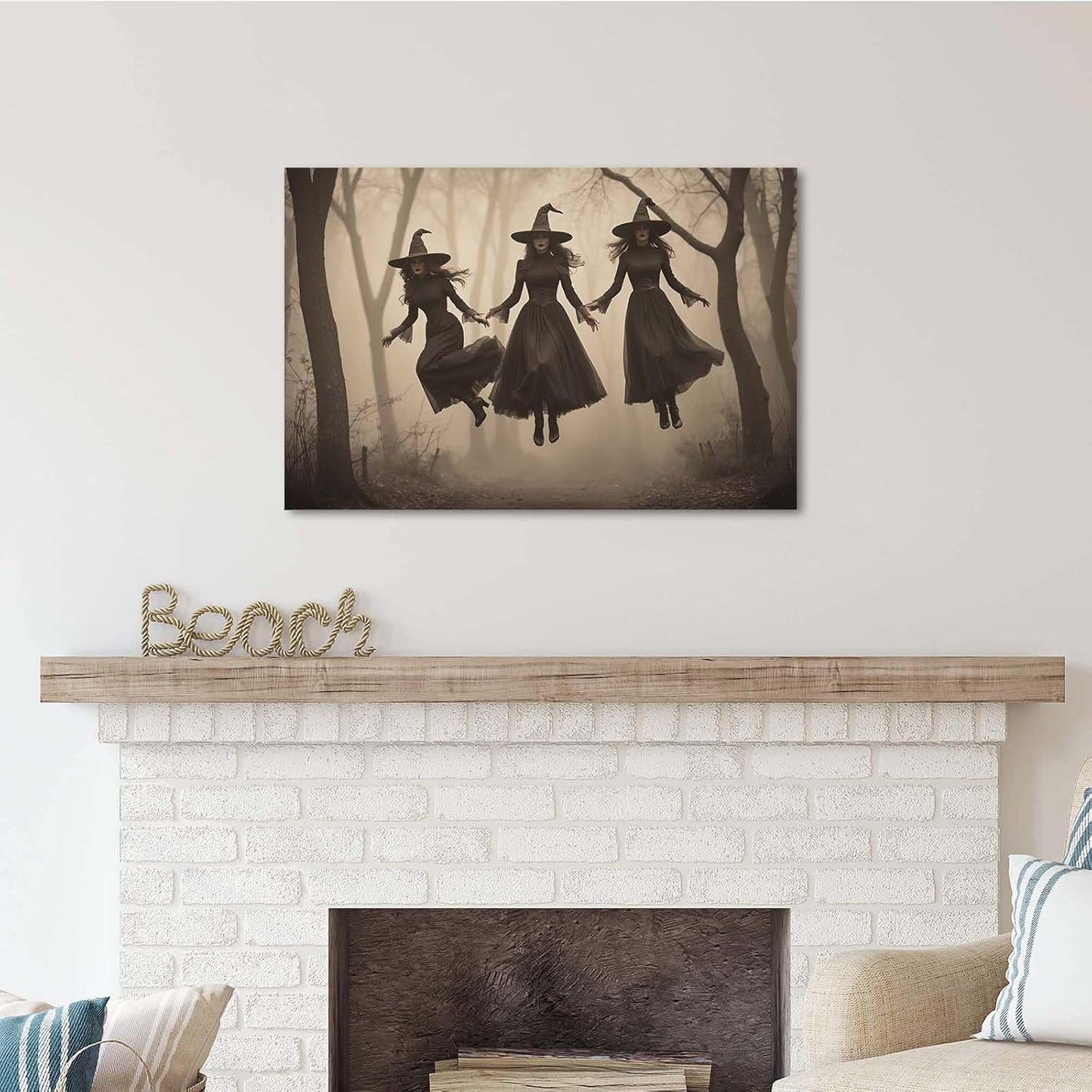JFHCQJPK Three ghost witches flying in vintage forest gothic wall art witchcraft decoration holiday gift canvas wall art print12x16in Frameless