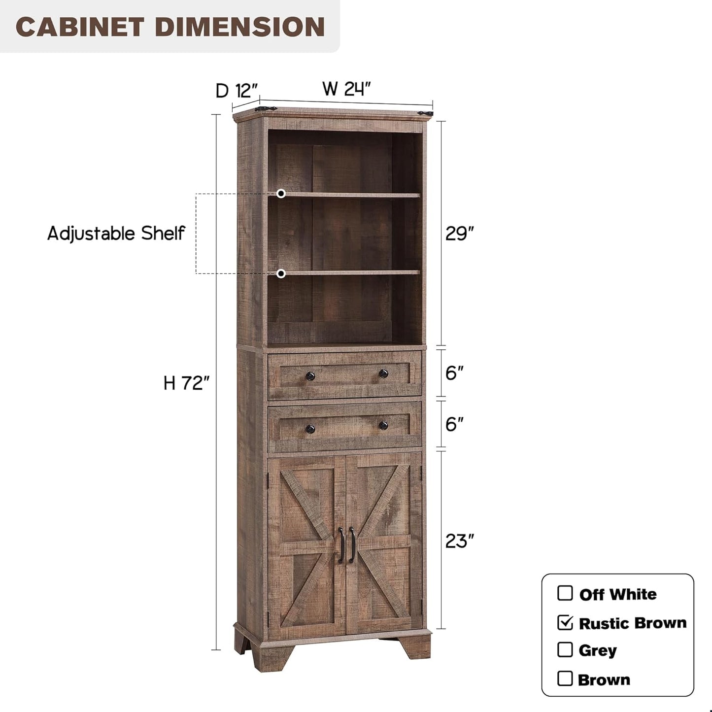 Farmhouse Bathroom Cabinet, 72" Tall Storage Cabinet with 2 Drawers, Adjustable Shelves & Barn Door, Cabinets for Bathroom, Living Room, Kitchen, Rustic Brown